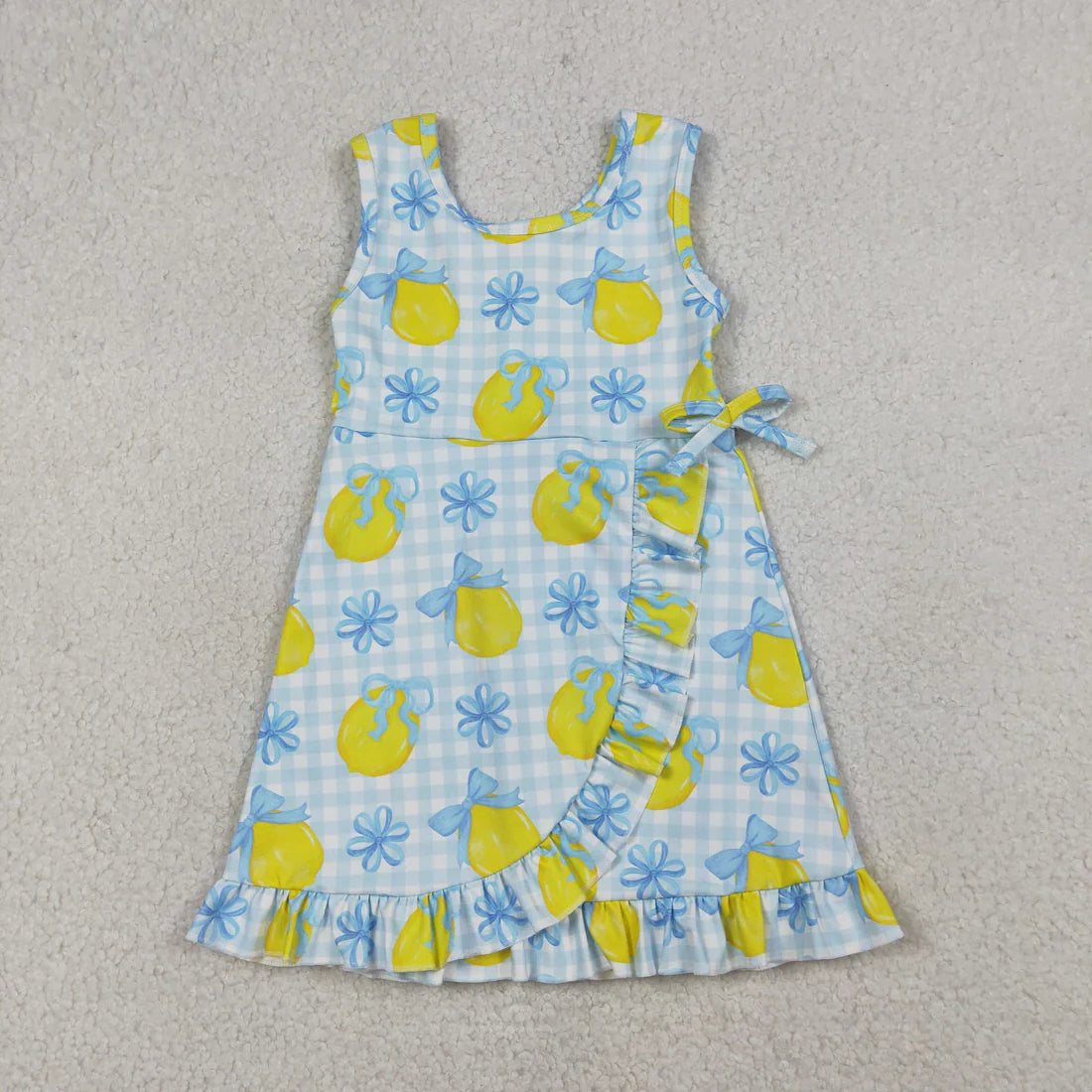 Best Sell RTS Baby Girls Blue Checked Dress with Bow Lemons Back Zip Ruffle Knee Length Yoga Active Shorts for Kids