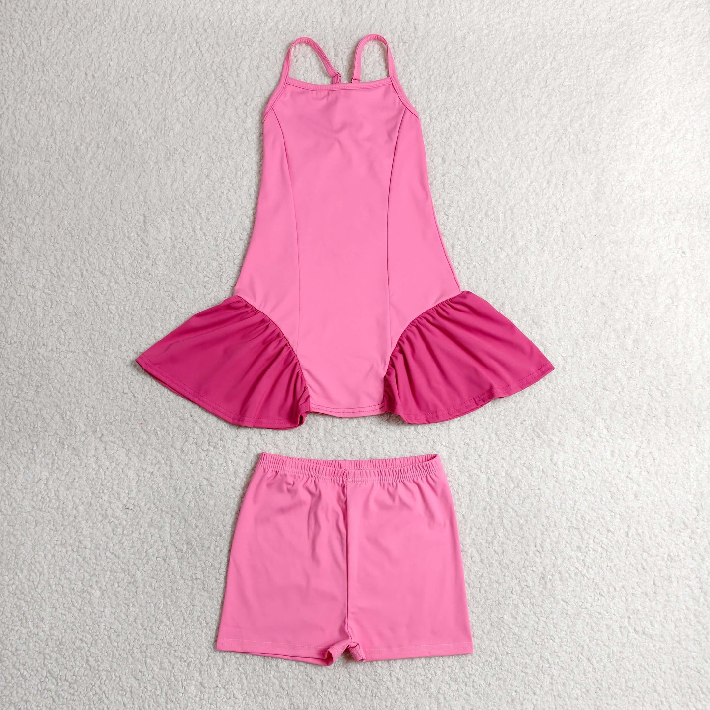 RTS NO MOQ yoga fabric cotton GSSO3259 (GSD3688+SS0826)Baby Girls Pink Strap Yoga Active Tunic Shorts Set