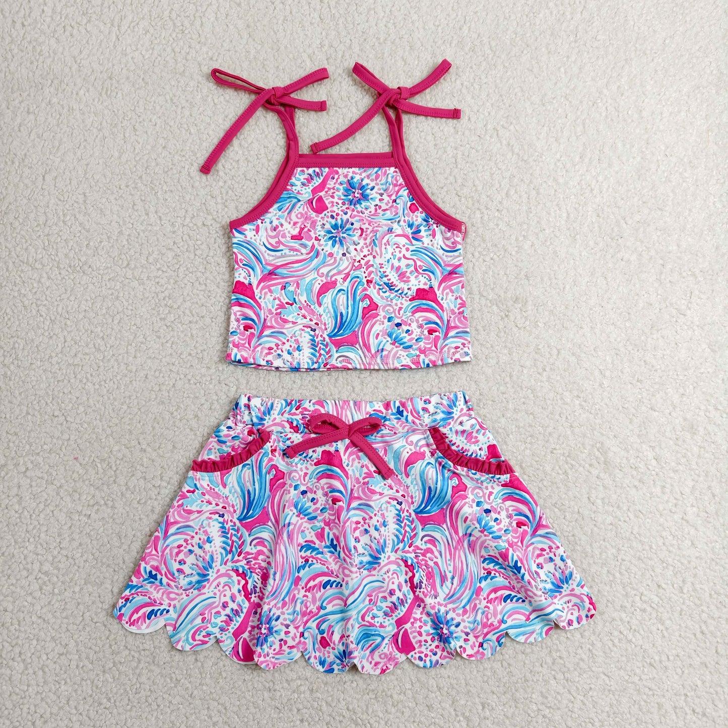 RTS NO MOQ Sibling yoga fabric Baby Girls Strap Pocket Top Scallop Short Skirt Yoga Active Outfits