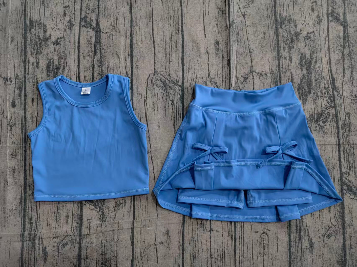 (Pre Order) No moq GSD3761 Yoga Baby Girls Blue Vest Top Bow Decor Skort Yoga Active Set