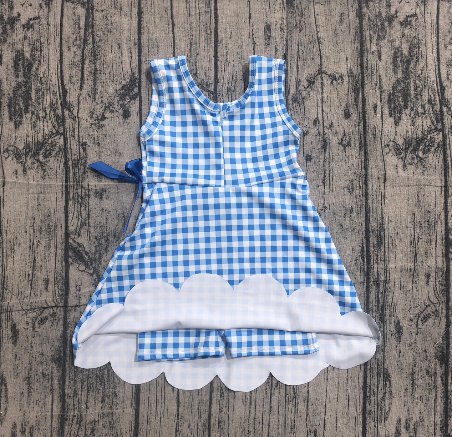 (Pre Order) No moq GSD3778 Yoga Baby Girls Summer Light Blue Check Sleeveless Sporty Scallop Kids Dresses