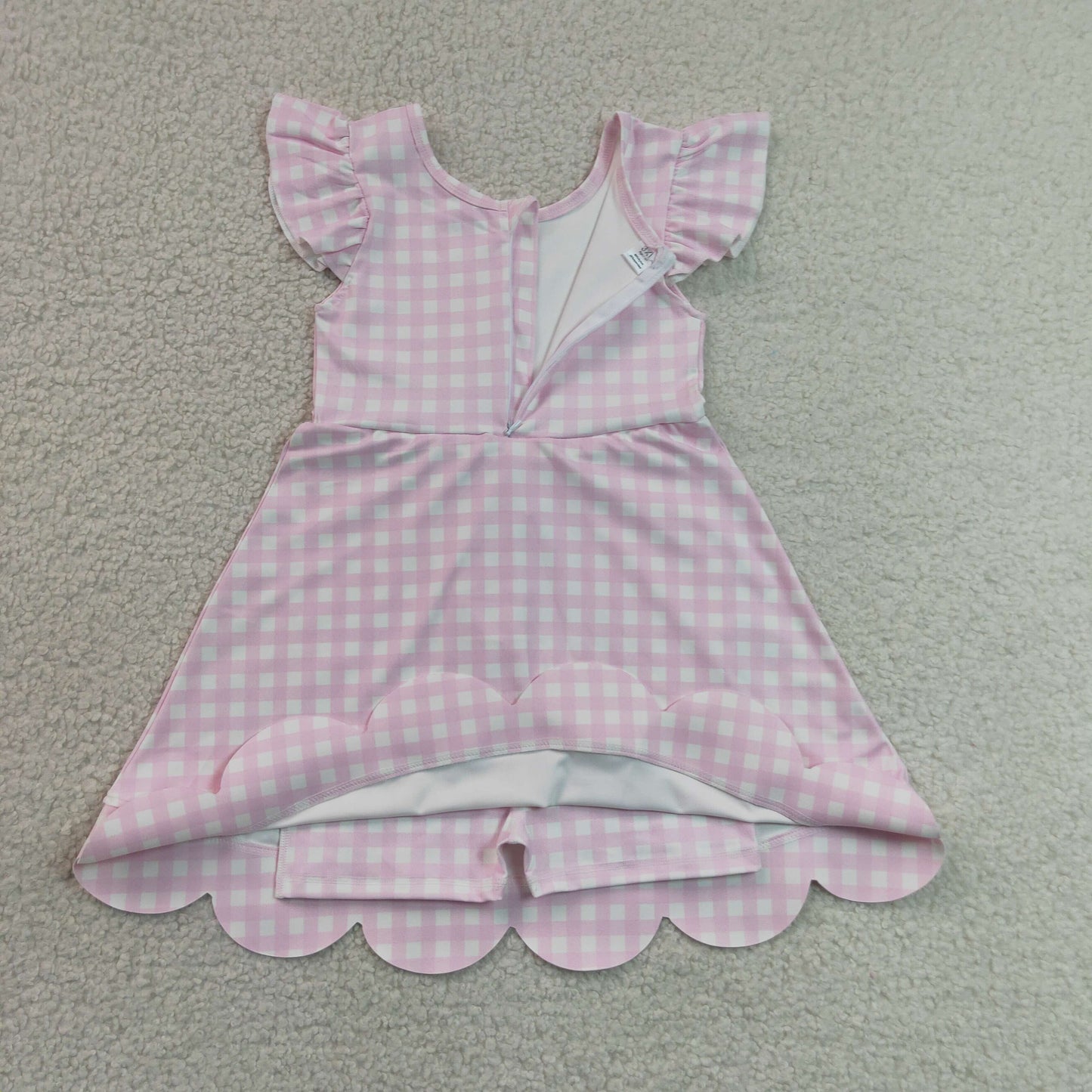 RTS NO MOQ yoga fabric GSD3796 Baby Girls Summer Pink Check Scallop Knee Length Dresses