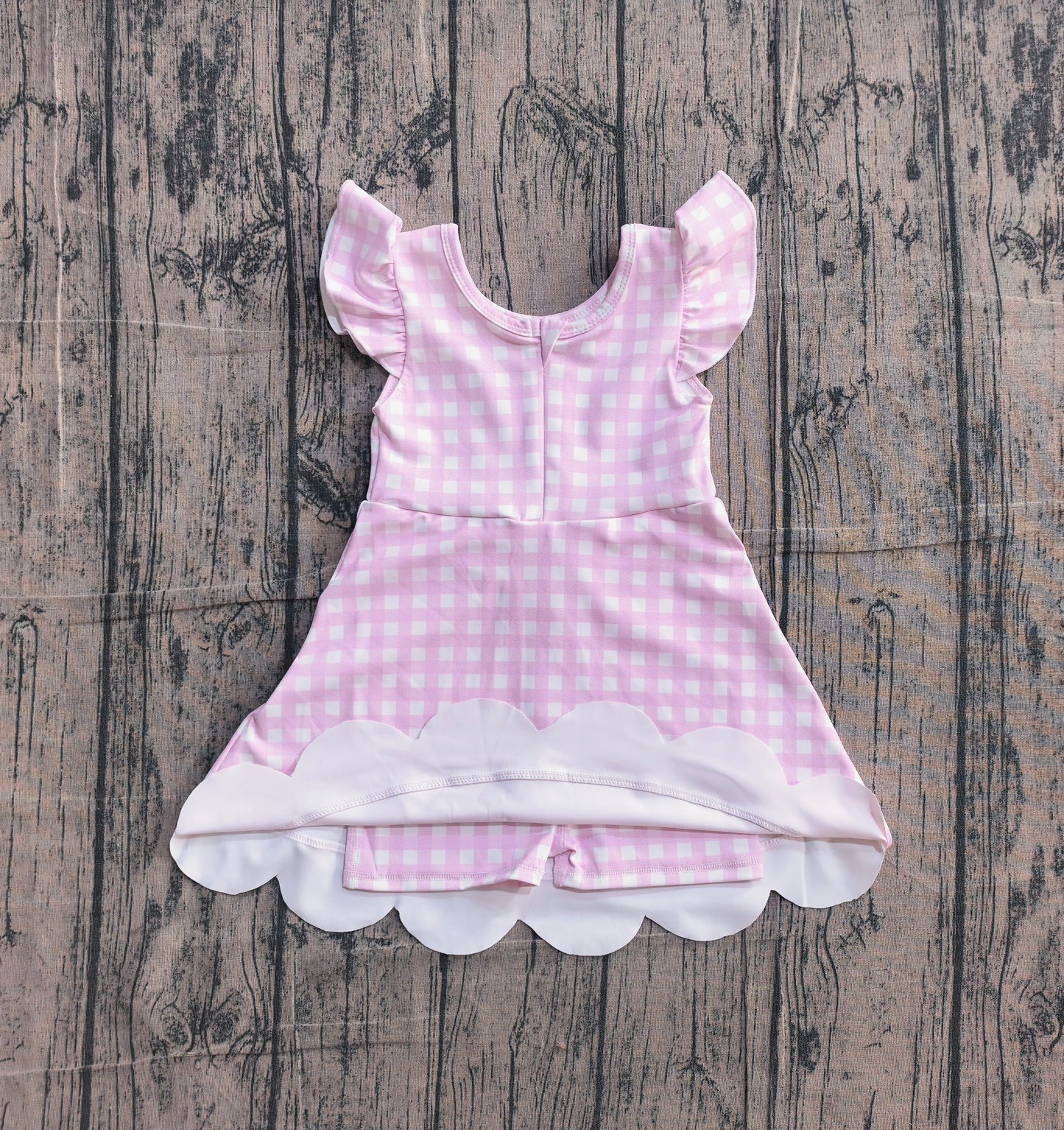 (Pre Order) No moq GSD3796 Yoga Baby Girls Summer Fresh Pink Check Scallop Knee Length Kids Dresses