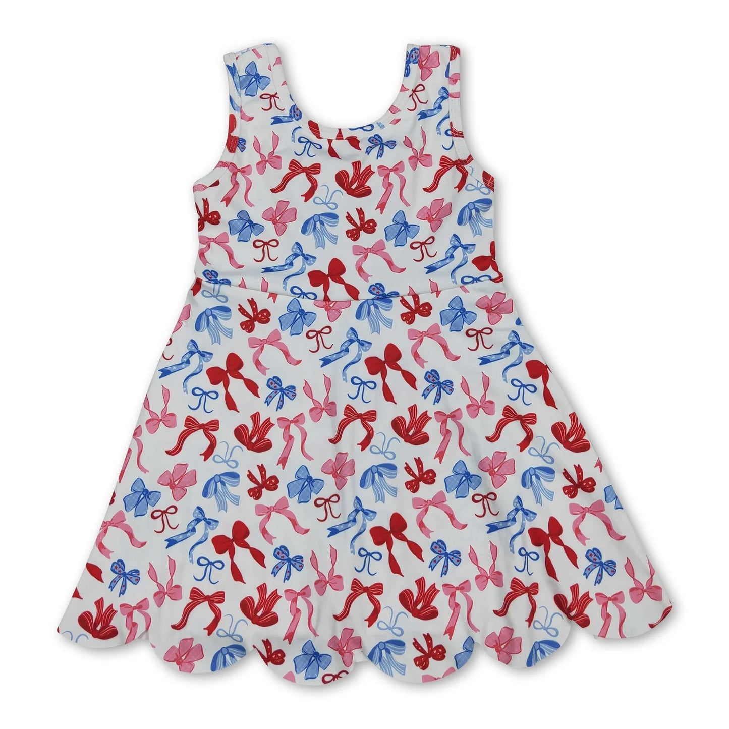 RTS NO MOQ Sibling yoga fabric Baby Girls Bow Scallop Trim Knee Length Athletic Short Dress