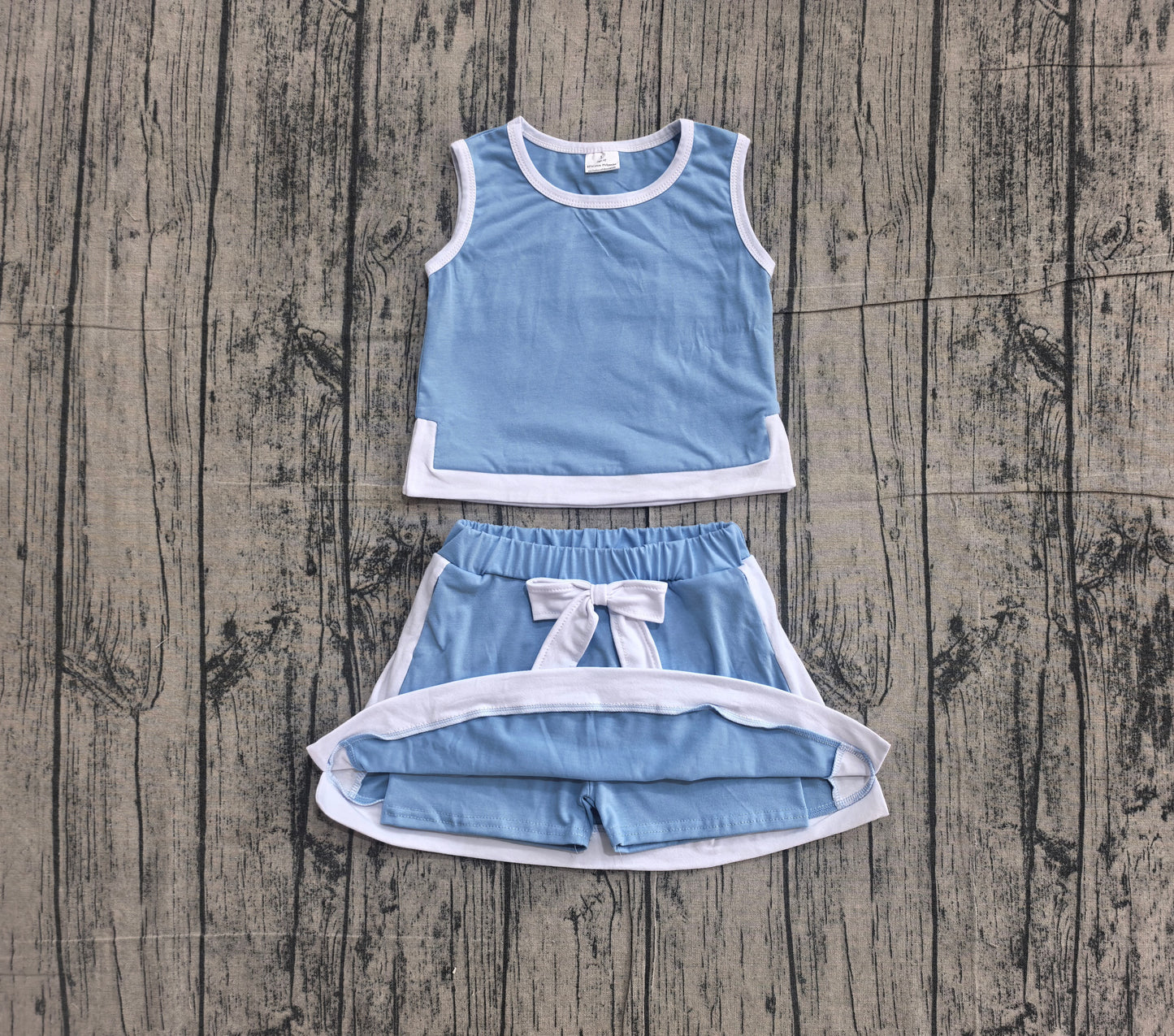 (Sample) No moq cotton GSD3828 Baby Girls Blue Sleeveless Vest Top Elastic Waist Skirt Shorts Sets