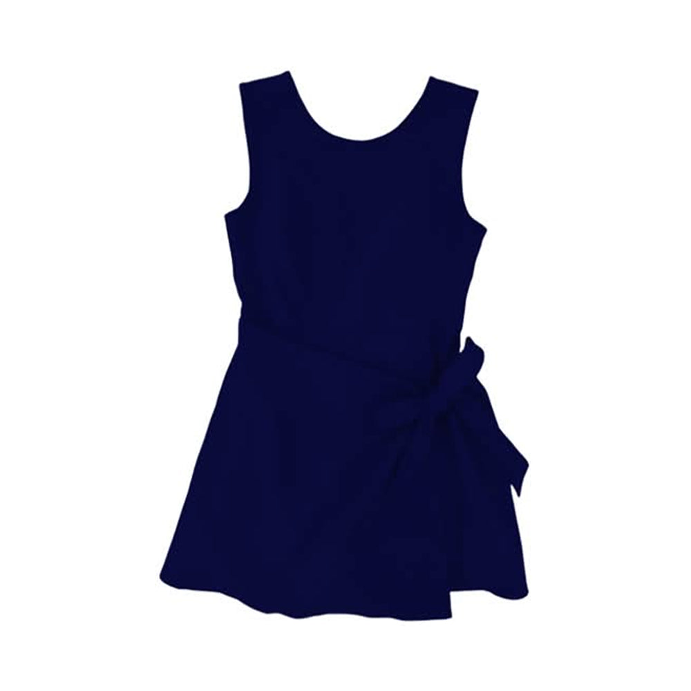 (Pre Order) No moq GSD3880 Baby Girls Navy Sleeveless Bow Print Knee Length Yoga Active Dress