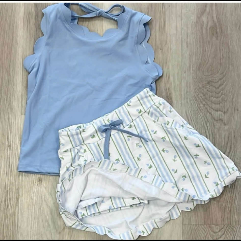(Pre Order) No moq GSD3906 Toddler Girls Floral Stripe Sleeveless Top Skort Two Piece Set