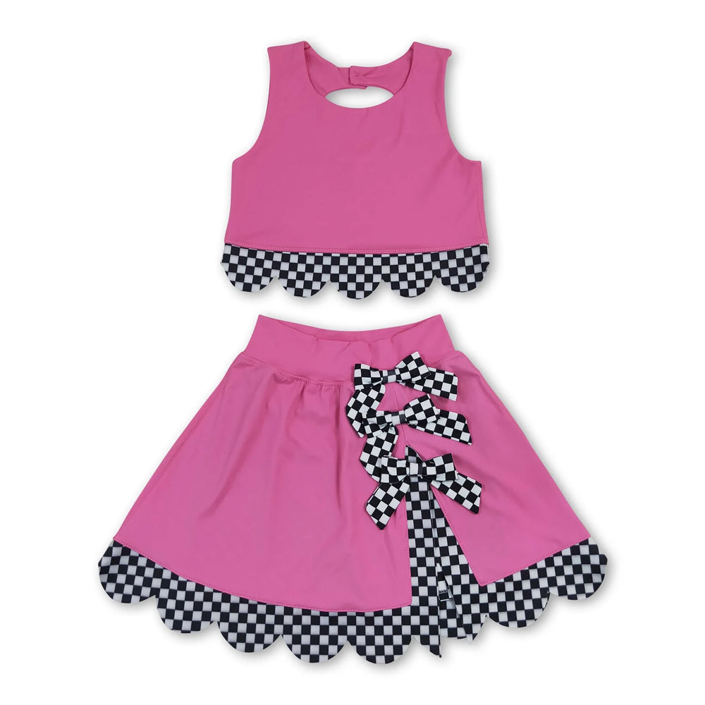 RTS NO MOQ Sibling yoga fabric Baby Girls Vest Top With Bows Matching Scallop Skort Two Piece Yoga Active Clothes Set