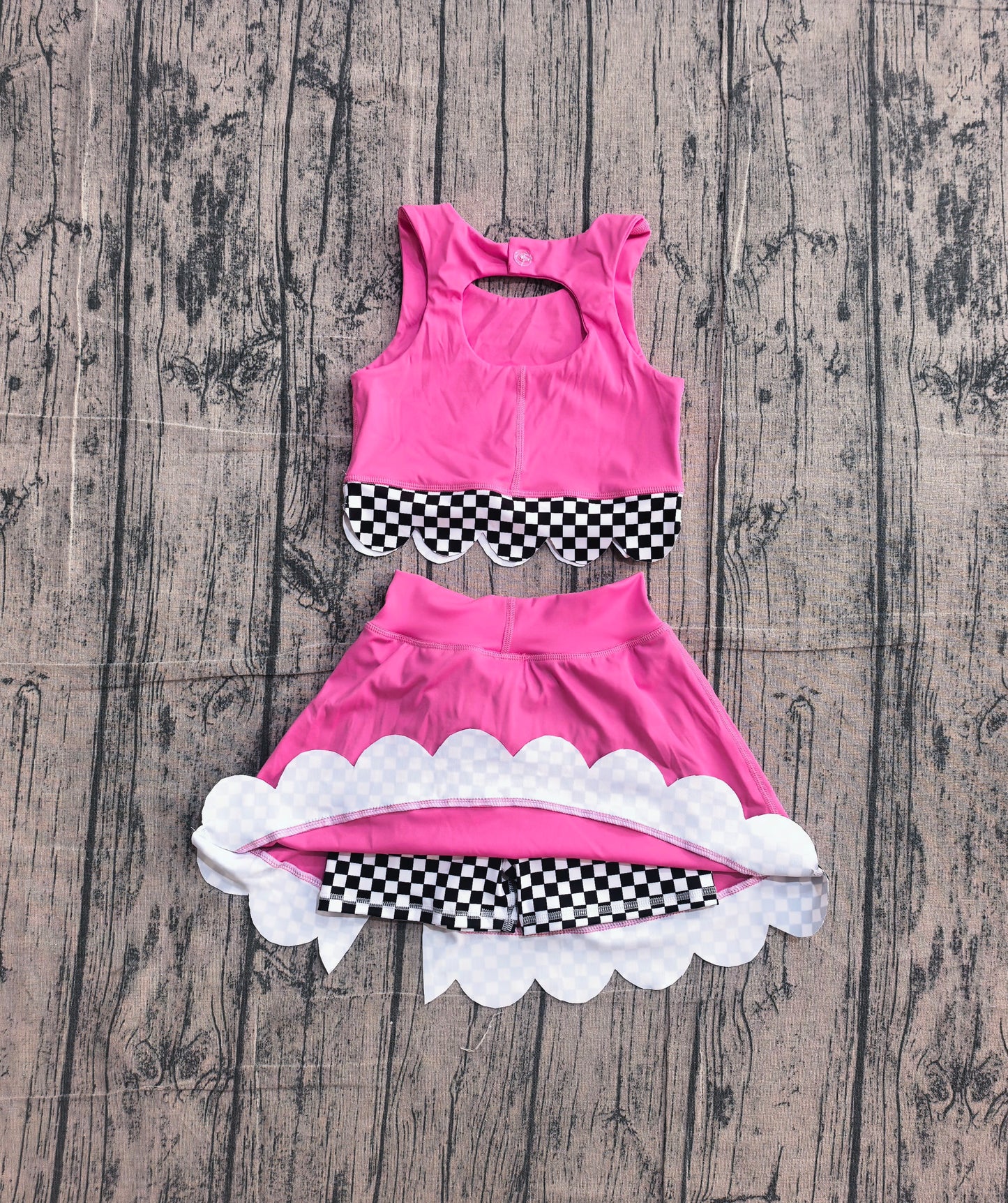 (Pre Order) No moq GSD4026 Pink Sleeveless Bow Top Scallop Active Sets For Baby Girls