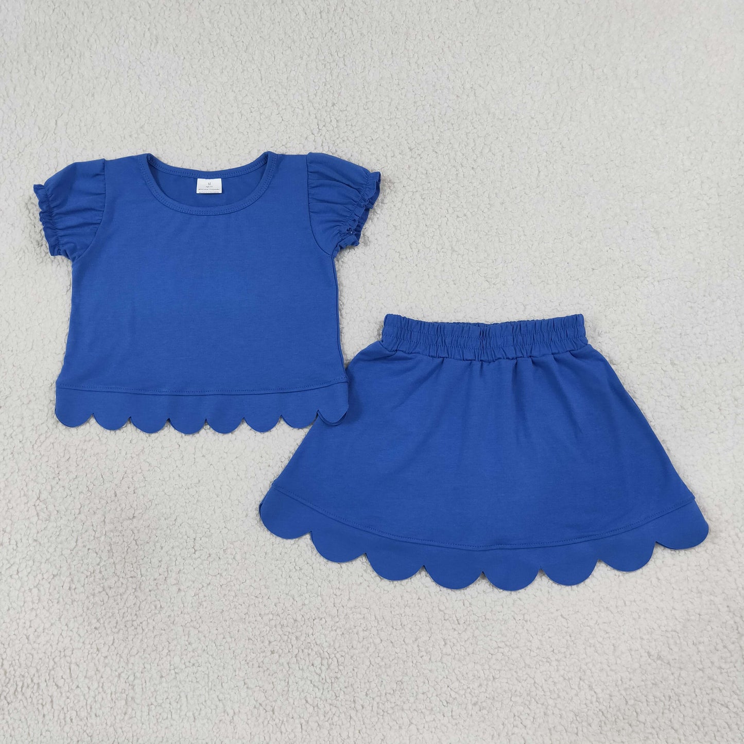 RTS NO MOQ Sibling cotton Baby Girls Blue Print Short Ruffle Sleeve Top Matching Scallop Skort Two Piece Clothes Set