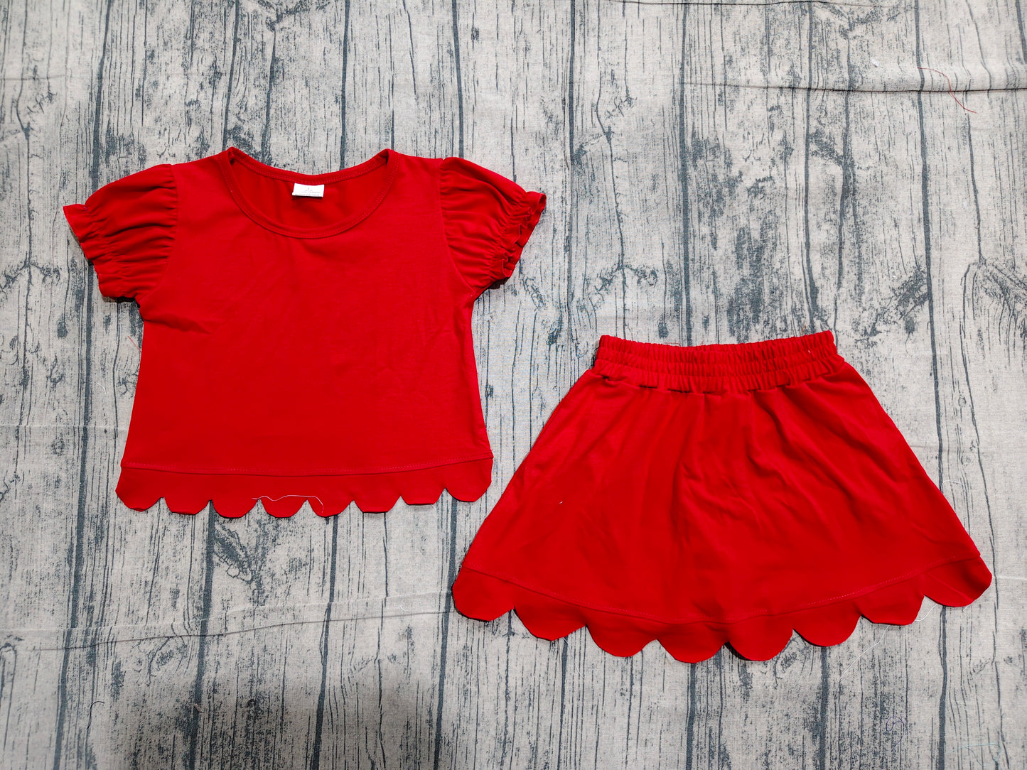 (Sample) No moq GSD3938 Baby Girls Cute Red Ruffle Sleeve Top Scallop Casual Set
