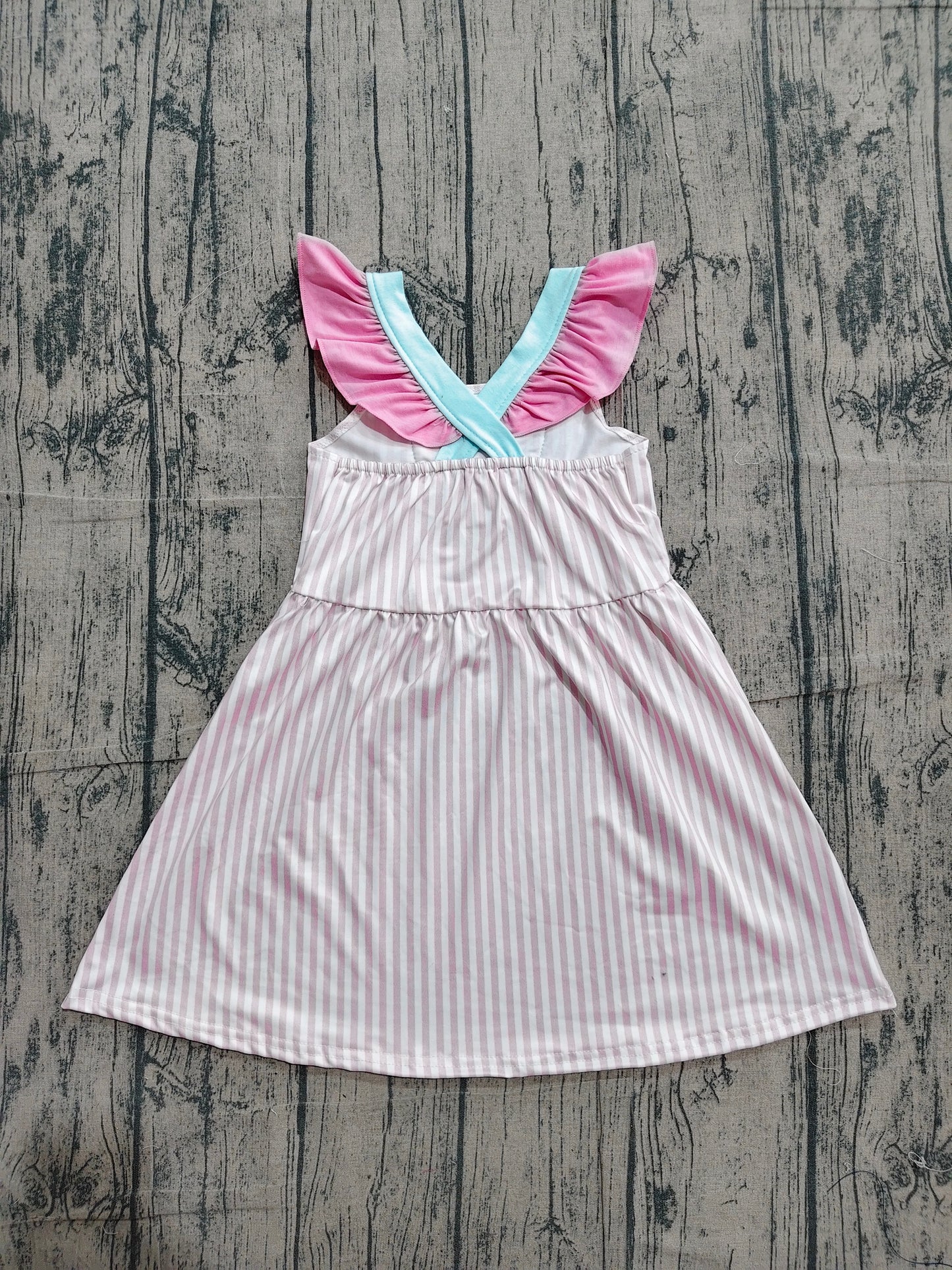 (Pre Order) No moq GSD3958 Embroidery Baby Girls Sweet Pink Stripe Embroidery Bow Pocket Knee Length Dresses