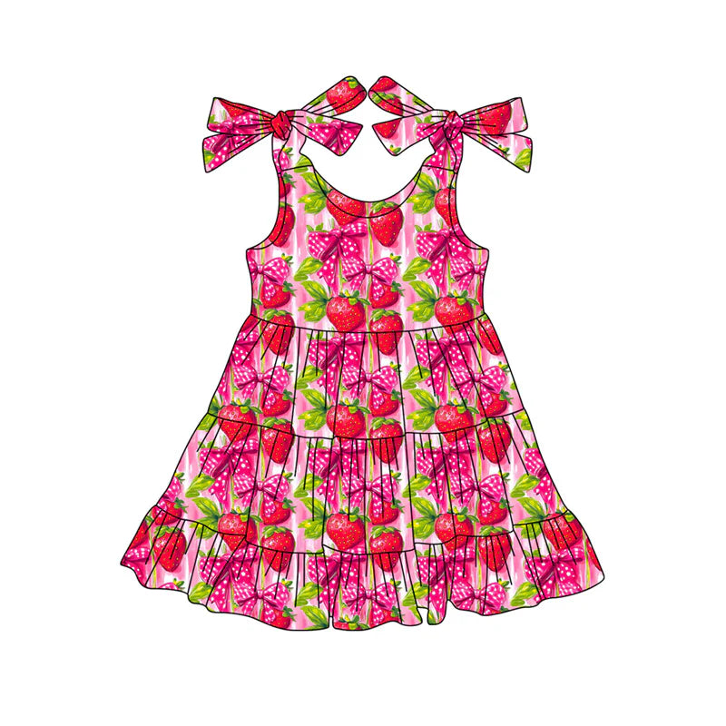 (Pre Order) No moq Baby Girls Strap Bows Strawberry Patchwork Knee Length Dresses Preorder