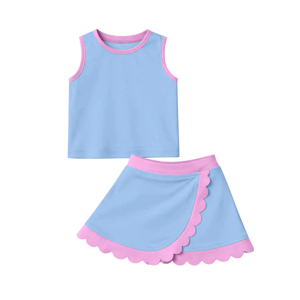 Best Sell Baby Girls Sleeveless Sky Blue Rose Pink Vest Scallop Skirt Set Active Yoga Clothes Preorder
