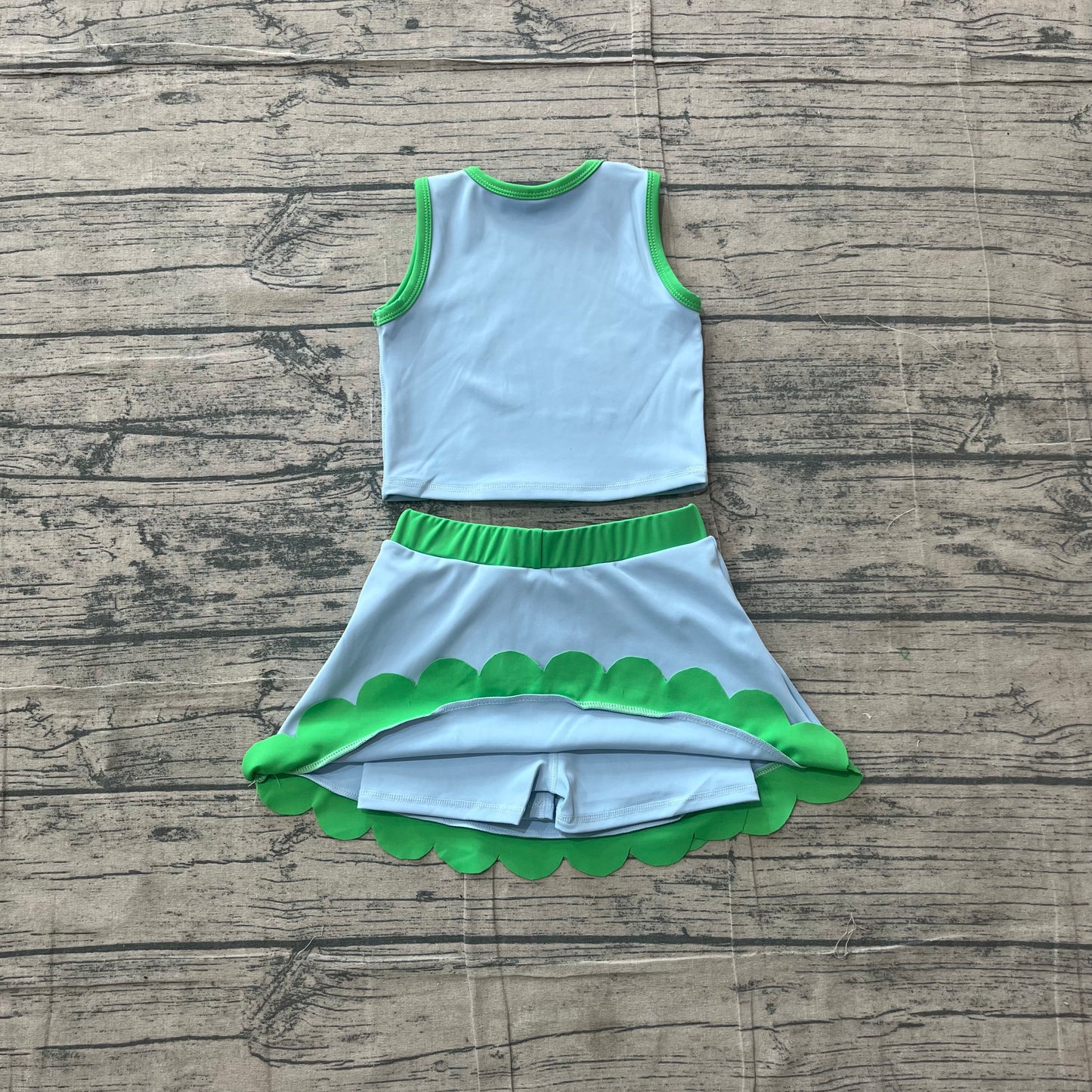 (Sample) No moq yoga fabric GSD4021 Yoga Baby Girls Cute Sleeveless Blue Green Vest Scallop Skirt Yoga Set