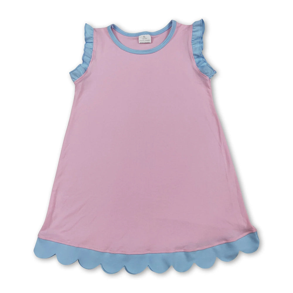 RTS NO MOQ Sibling cotton Baby Girls Pink Blue Sleeveless Vest And Scallop Hem Short Skirt Yoga Set Scallop Knee Length Dresses