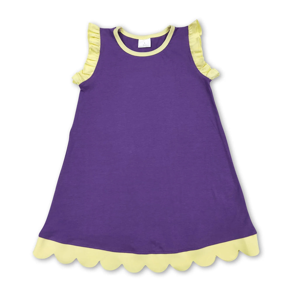 RTS NO MOQ Sibling cotton Baby Girls Purple Yellow Sleeveless Vest And Scallop Hem Short Skirt Yoga Set Scallop Knee Length Dresses