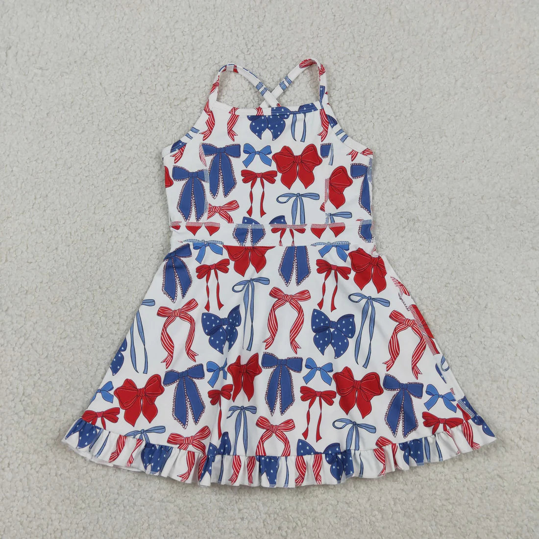 Best Sell RTS Baby Girls Knee Length Yoga Dress with Straps Blue Red Bows Patriotic 4th of July Active Wear