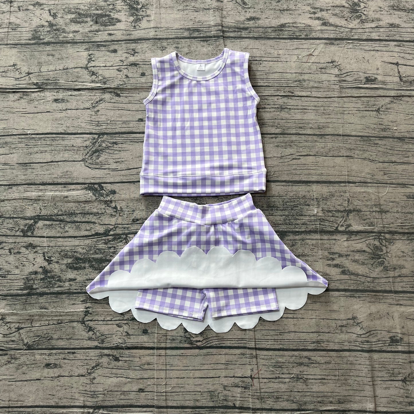 (Sample) No moq yoga fabric GSD4067 Yoga Baby Girls Lavender Plaid Vest Scallop Trim Yoga Clothes Set