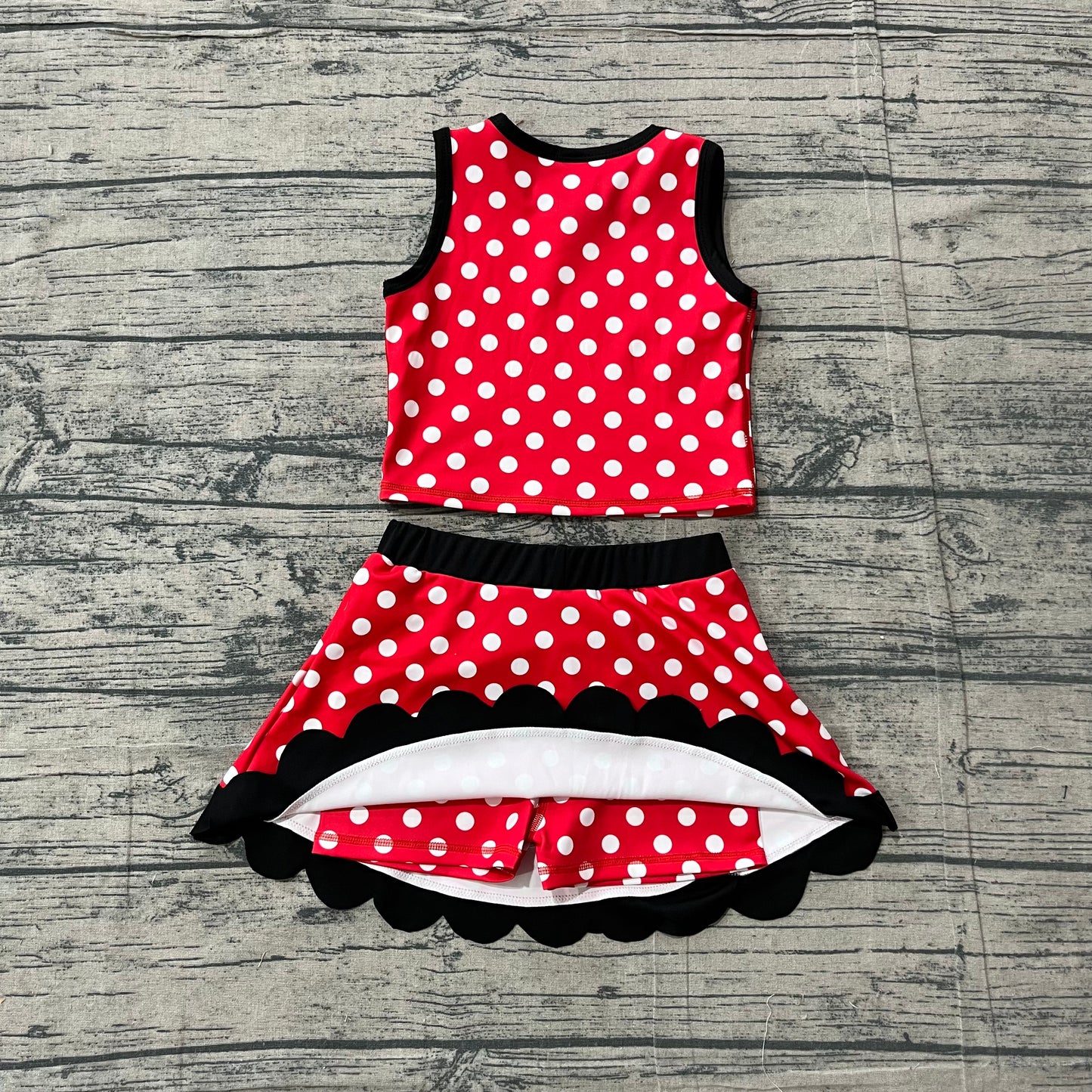 (Sample) No moq GSD4080 Yoga Toddler Girls Red Polka Dots Print Vest Scallop Skirt Short Yoga Sports Outfit