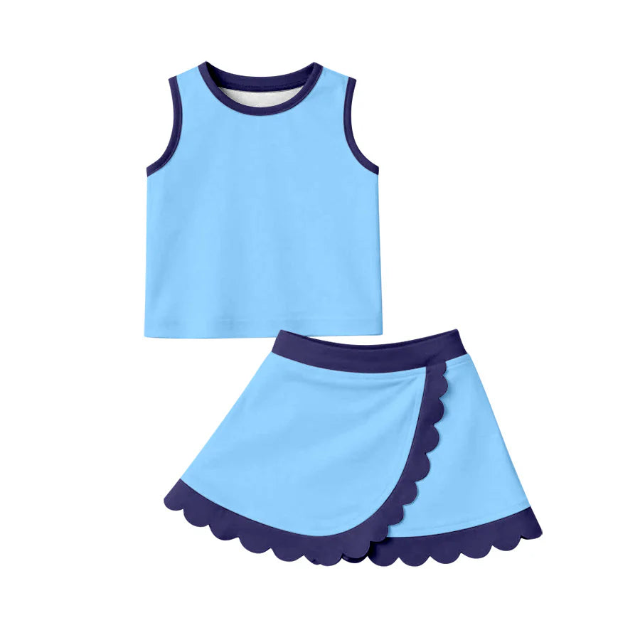 (Pre Order) No moq GSD4082 Baby Girls Blue Vest Scallop Skirt Short Yoga Active Clothes Set