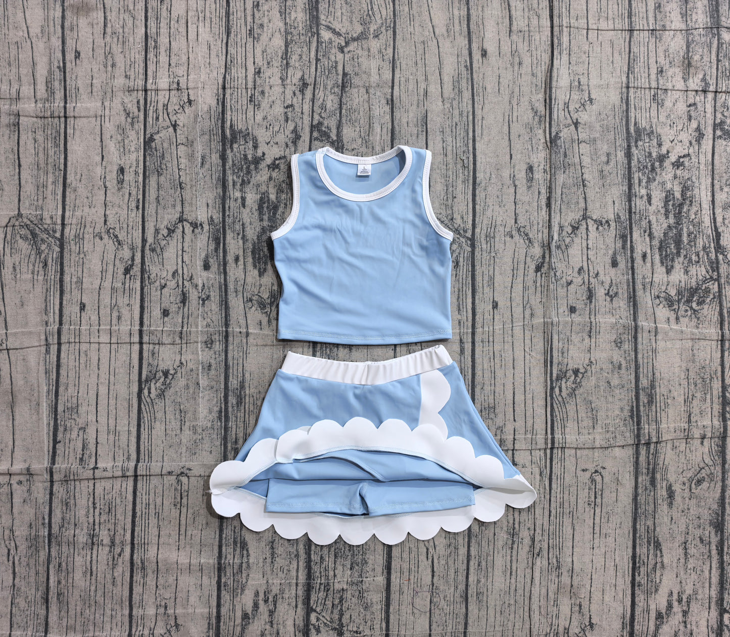 (Sample) No moq GSD4084 Yoga Baby Girls Cute Light Blue Scallop Trim Vest Skort Yoga Outfit