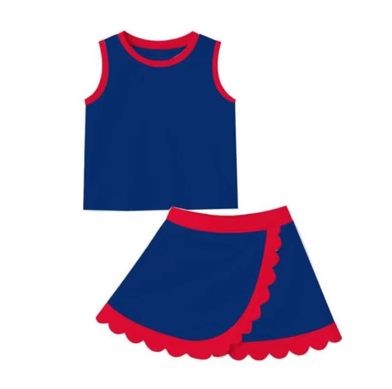 (Pre Order) No moq GSD4096 Baby Girls Navy Sleeveless Top Scallop Hem Sports Wear Set