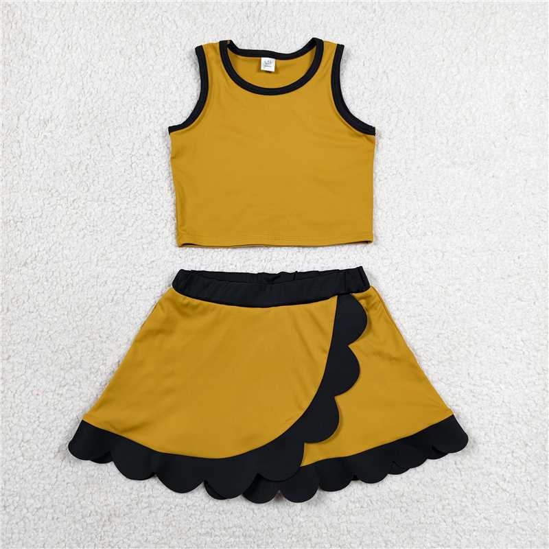 RTS NO MOQ Sibling yoga fabric Baby Girls Sleeveless Vest Scallop Skirt Short Yoga Active Set