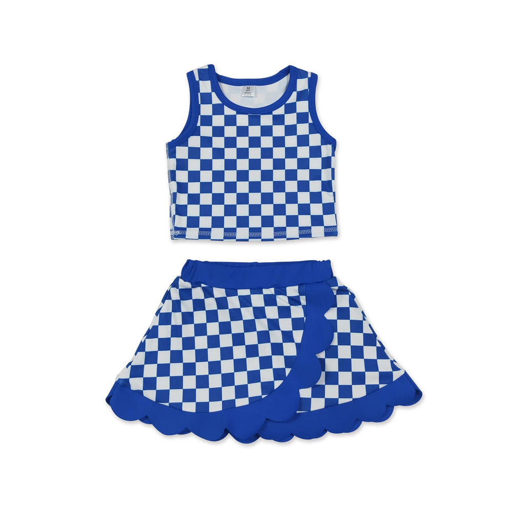 RTS NO MOQ Sibling yoga fabric Baby Girls Check Printed Top Scallop Skort Summer Yoga Active Clothes Set
