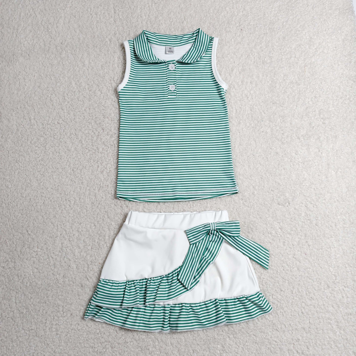 RTS NO MOQ Sibling yoga fabric Baby Girls Cute Stripe Button Vest Ruffle Short Skirt Yoga Active Set
