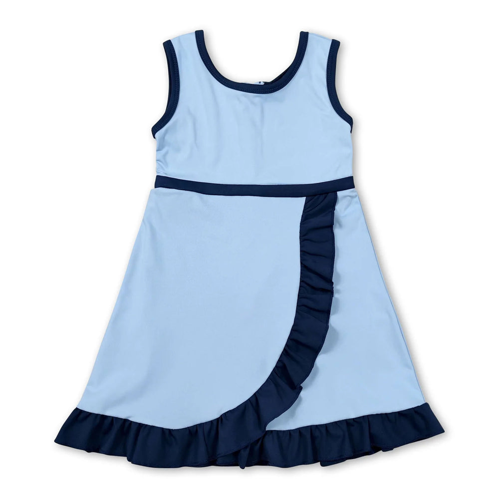 RTS NO MOQ Sibling cotton Baby Girls Navy Blue Sleeveless Vest Scallop Skirt Yoga Active Set Short Knee Length Dress