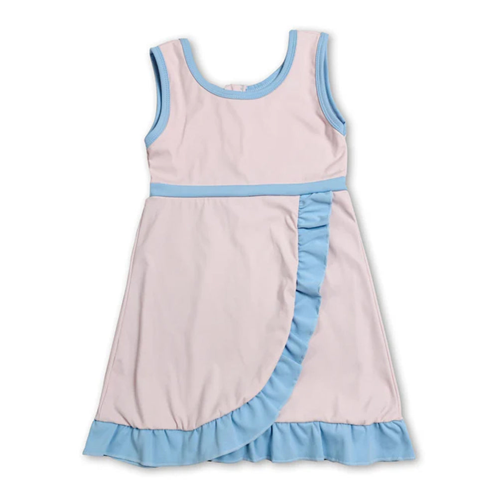 RTS NO MOQ Sibling cotton Baby Girls Light Pink Sleeveless Vest Scallop Skirt Yoga Active Set Short Knee Length Dress