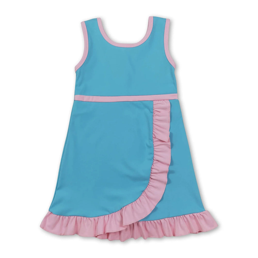 RTS NO MOQ Sibling cotton Baby Girls Blue Pink Sleeveless Vest Scallop Skirt Yoga Active Set Short Knee Length Dress