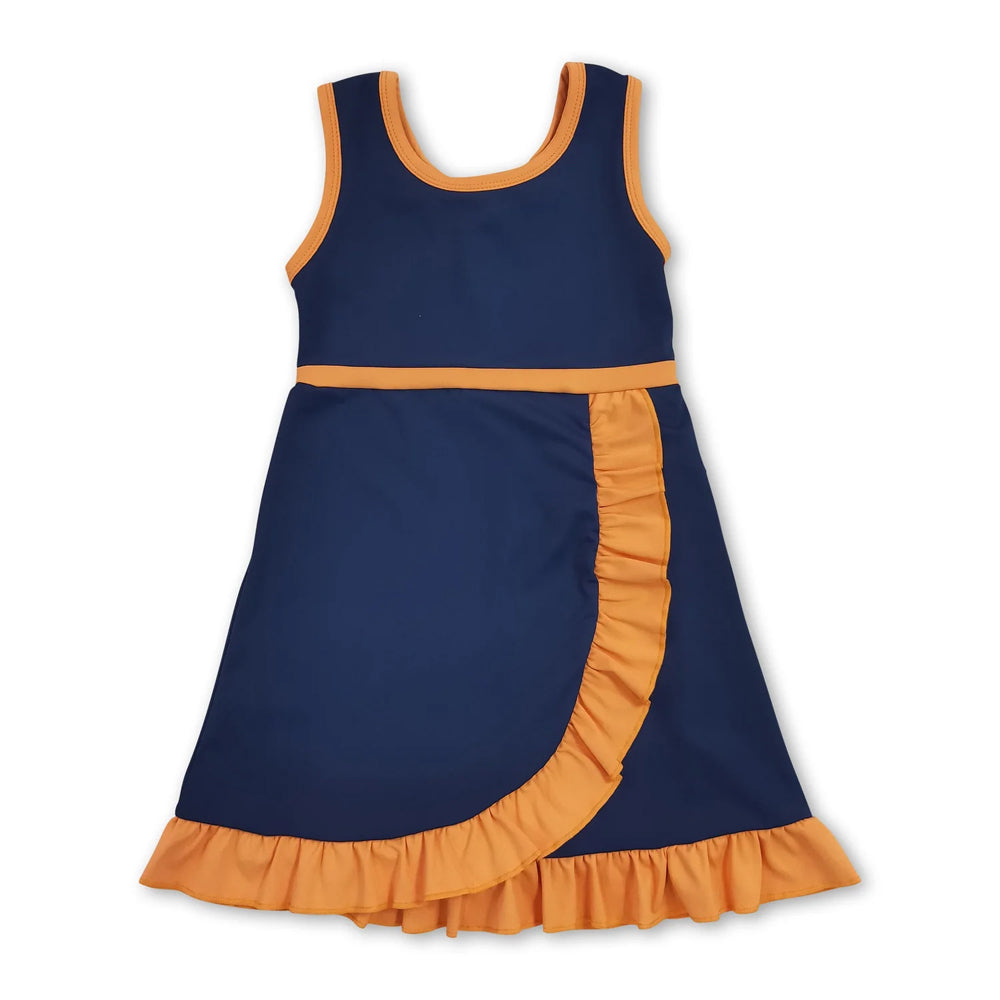 RTS NO MOQ Sibling cotton Baby Girls Navy Orange Sleeveless Vest Scallop Skirt Yoga Active Set Short Knee Length Dress