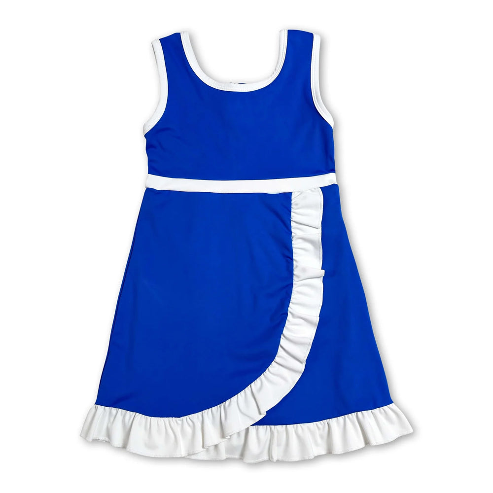 RTS NO MOQ Sibling yoga fabric cotton Baby Girls Blue White Contrast Trim Sleeveless Summer Outfit Skort Shorts Wrap And A Line Dress