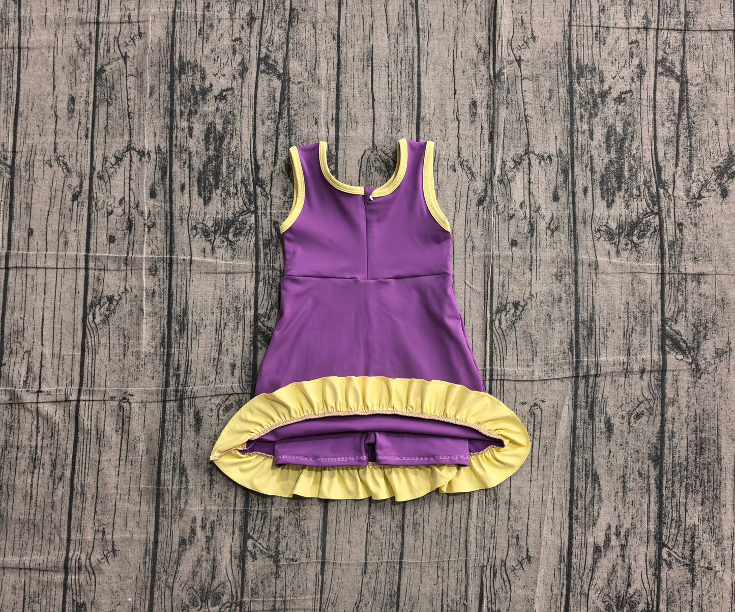 (Sample) No moq yoga GSD4147 Baby Girls Sleeveless Purple Yellow Yoga Active Short Scallop Knee Length Dress
