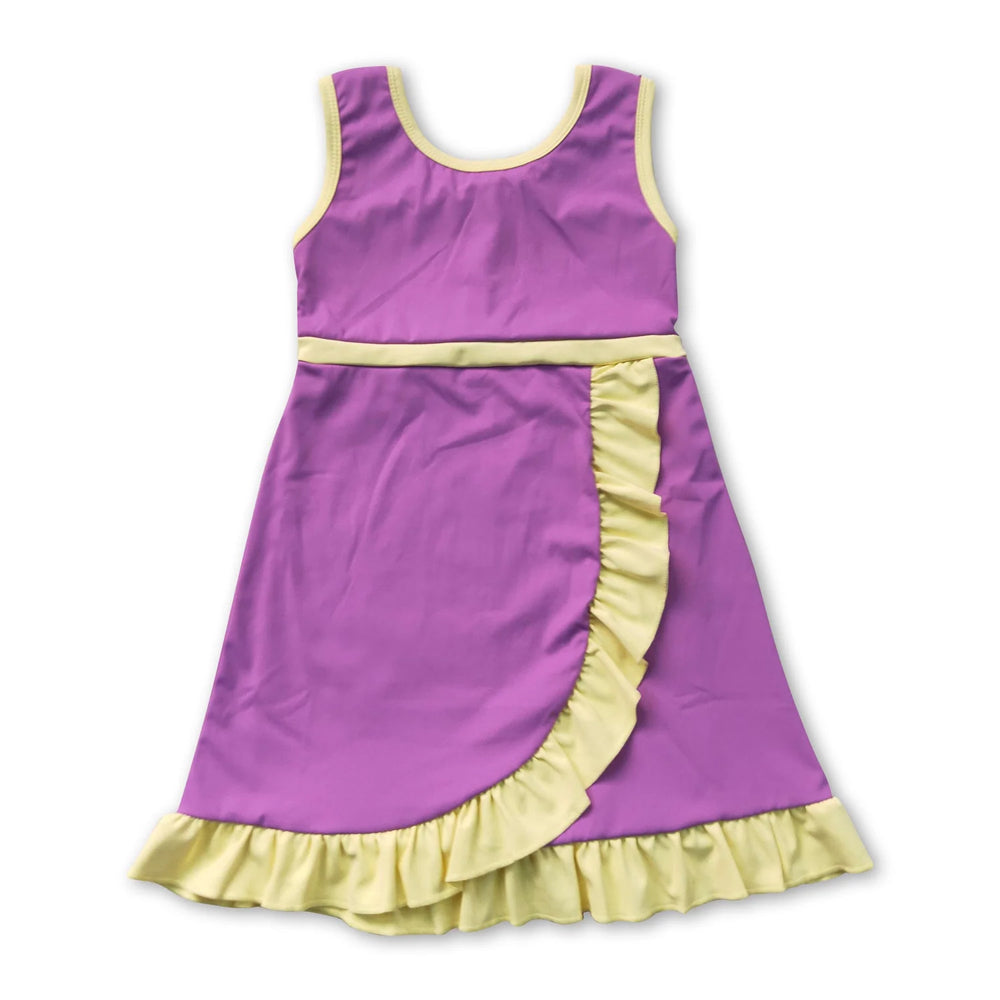 RTS NO MOQ Sibling cotton Baby Girls Purple Yellow Sleeveless Vest Scallop Skirt Yoga Active Set Short Knee Length Dress