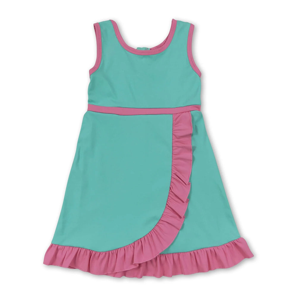 RTS NO MOQ Sibling cotton Baby Girls Pink Aqua Sleeveless Vest Scallop Skirt Yoga Active Set Short Knee Length Dress