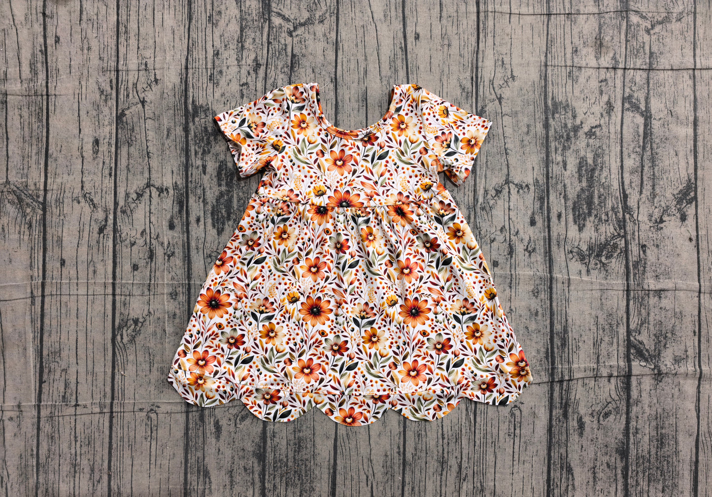(Sample) No moq milk silk GSD4155 Baby Girls Cute Sunflower Print Scallop Trim Fall Knee Length Dresses