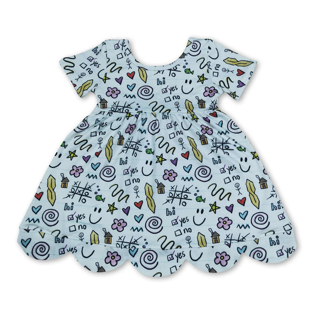 RTS NO MOQ Sibling milk silk Baby Girls Sunflower Print Short Sleeve Scallop Trim Knee Length Dress