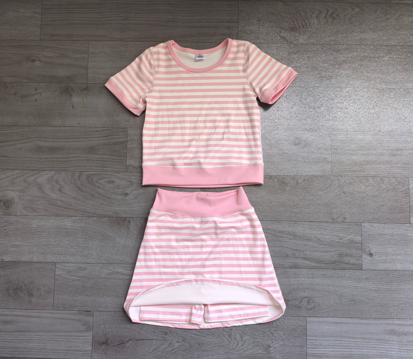(Sample) No moq yoga fabric GSD4159 Yoga Baby Girls Light Pink Stripe Print Top Skort Shorts Two Piece Yoga Active Clothes Set