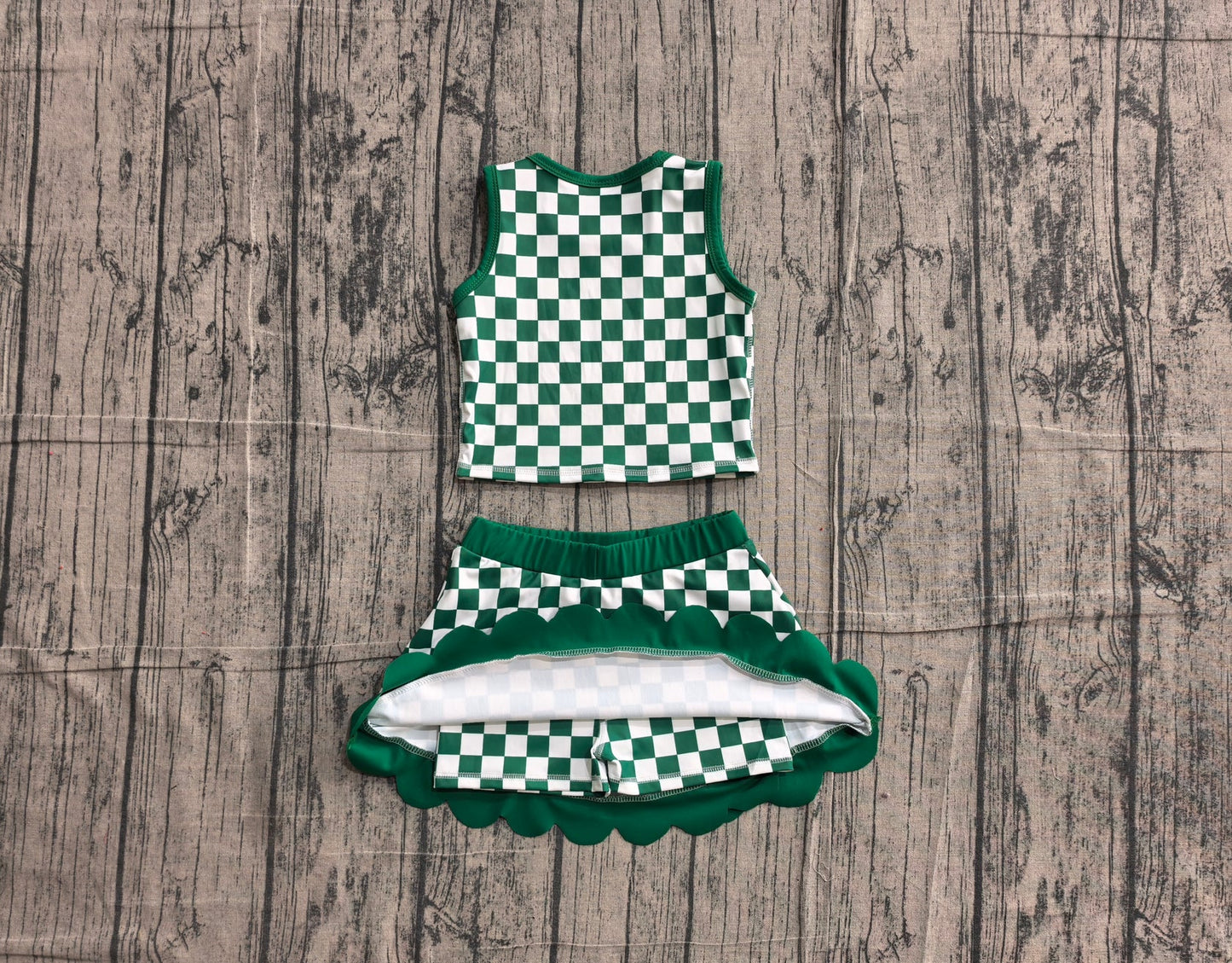 (Sample) No moq yoga GSD4178 Baby Girls Green Checked Vest Top Scallop Skirt Short Yoga Active Clothes Set