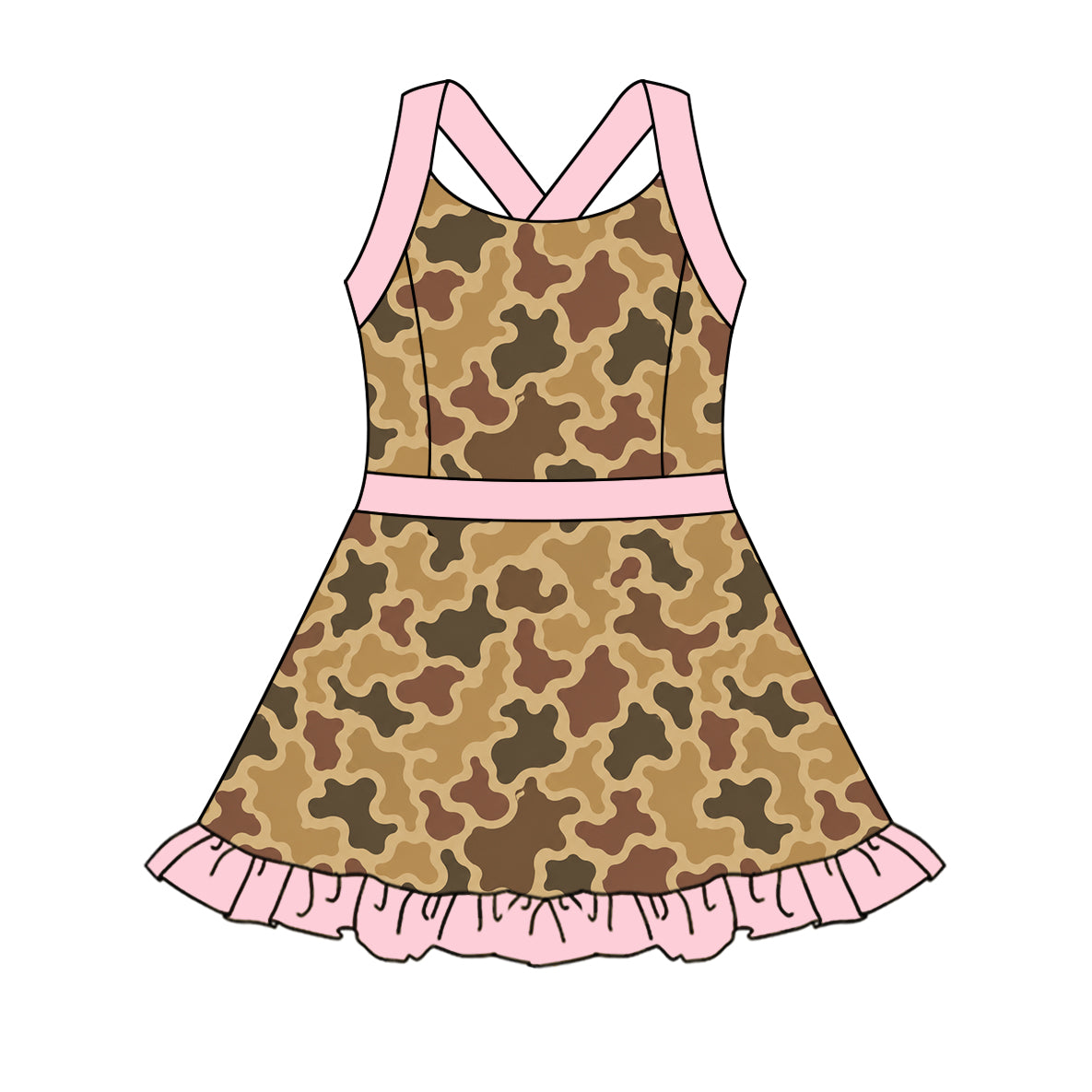 (Pre Order) No moq GSD4179 Yoga Baby Girls Summer Brown Camo Strap Ruffle Yoga Dress