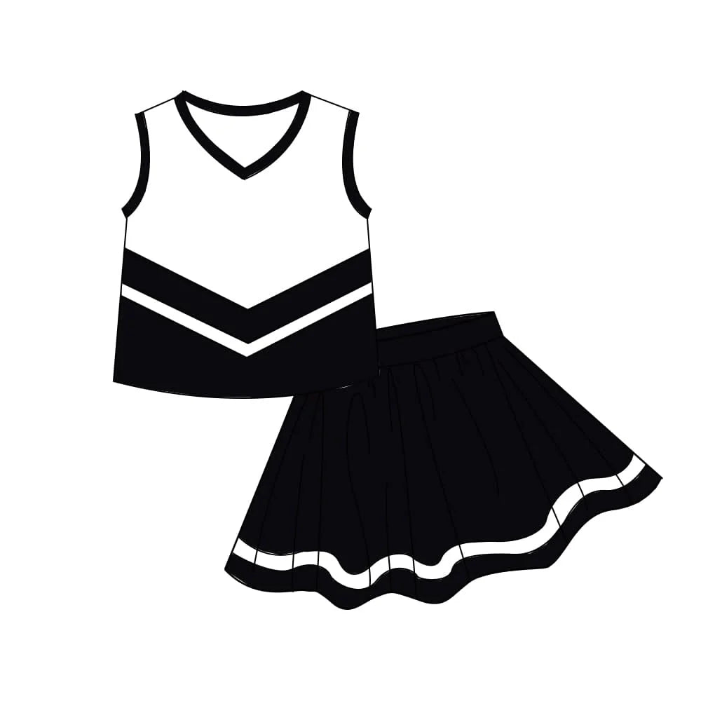 (Pre Order) No moq GSD4194 Baby Girls Black Gold Stripe Vest Top Skirt Shorts Team Yoga Active Clothes Sets