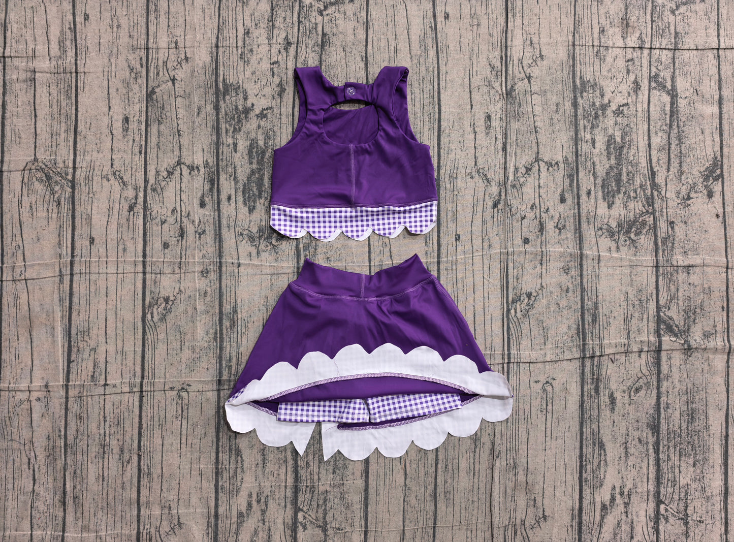 (Sample) No moq yoga fabric cotton GSD4225 Yoga Baby Girls Purple Sleeveless Vest Bows Scallop Skirt Shorts Yoga Active Clothes Set