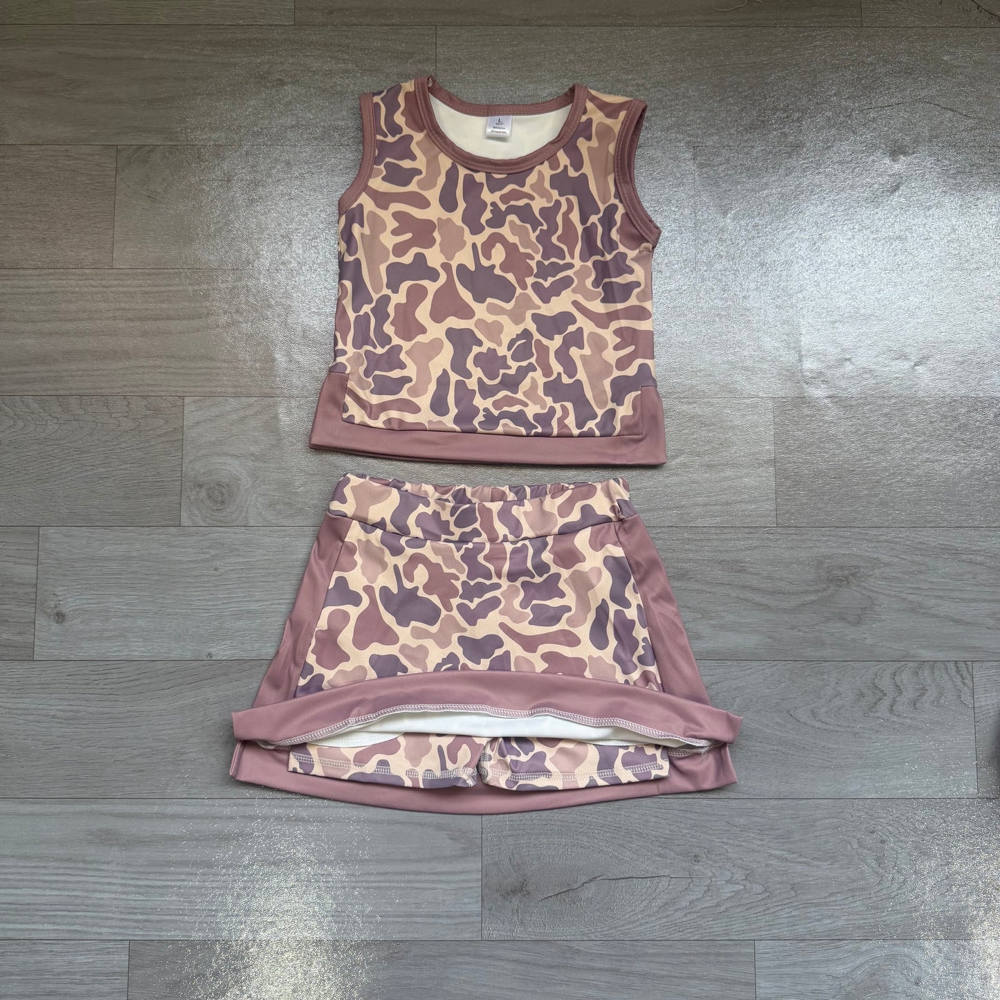 (Sample) No moq yoga fabric GSD4231 Yoga Baby Girls Brown Camo Sleeveless Vest Top Short Skirt Yoga Active Clothes Set