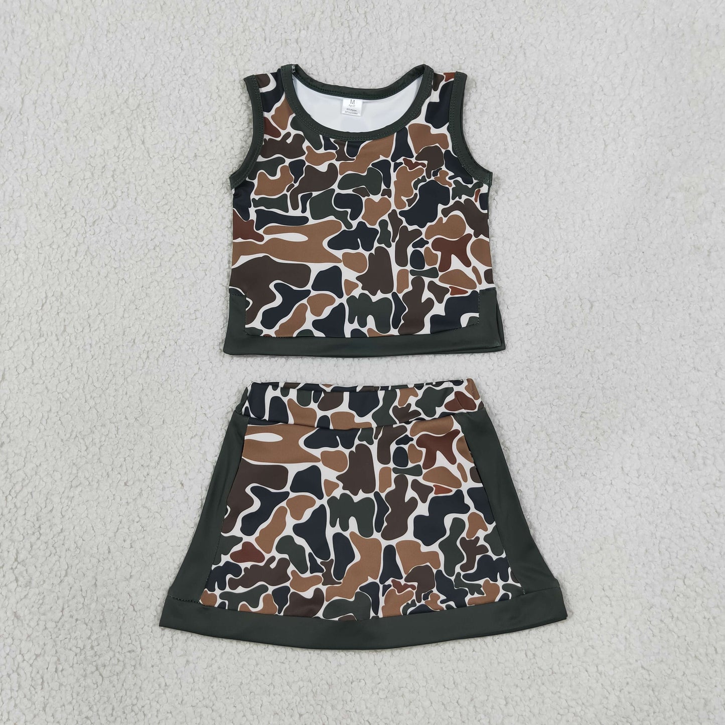RTS NO MOQ Sibling yoga fabric Baby Girls Camo Print Sleeveless Vest Top Skort Two Piece Yoga Active Summer Outfit Set