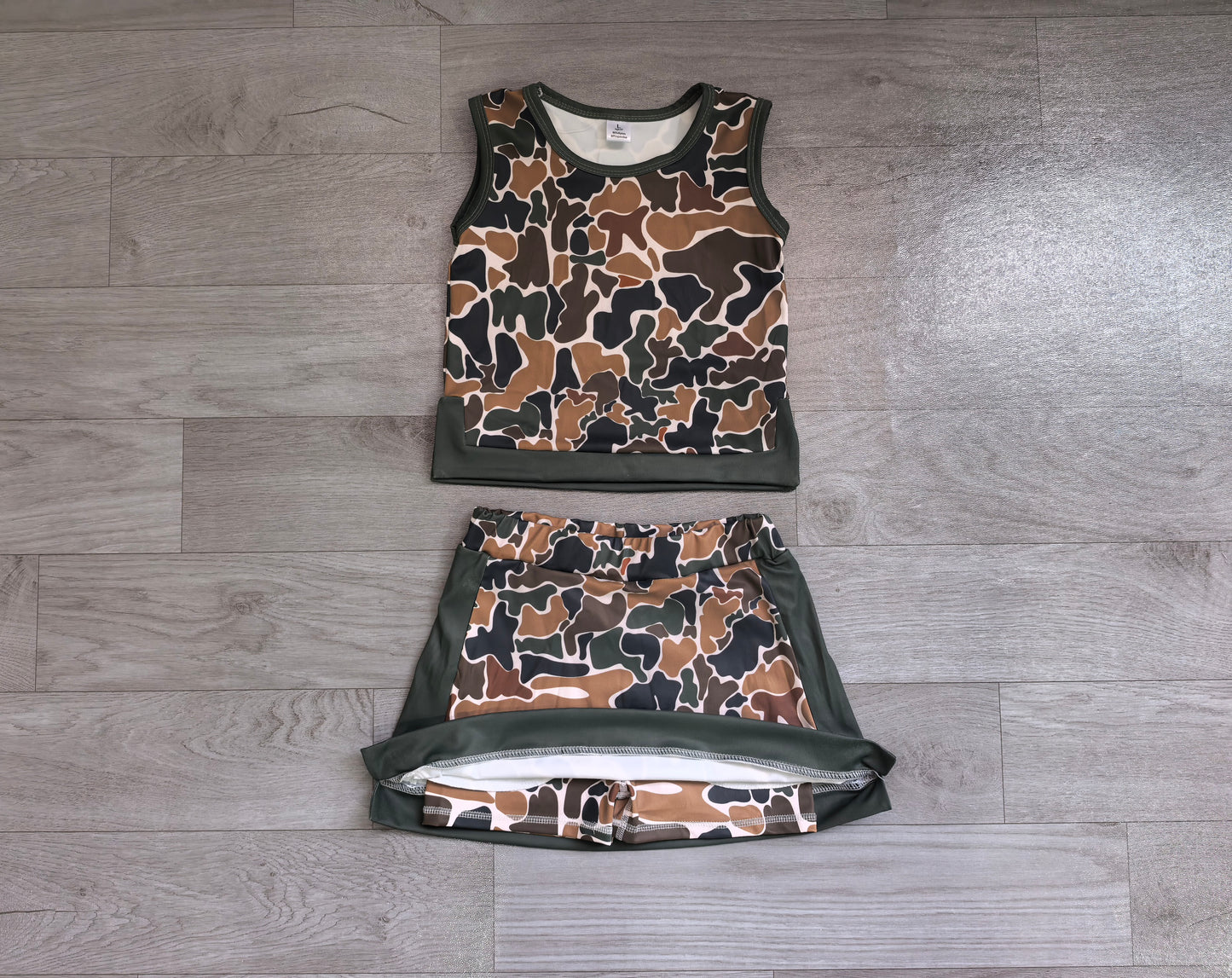 (Sample) No moq yoga fabric GSD4233 Yoga Baby Girls Dark Brown Camo Vest Cute Short Skort Yoga Sets