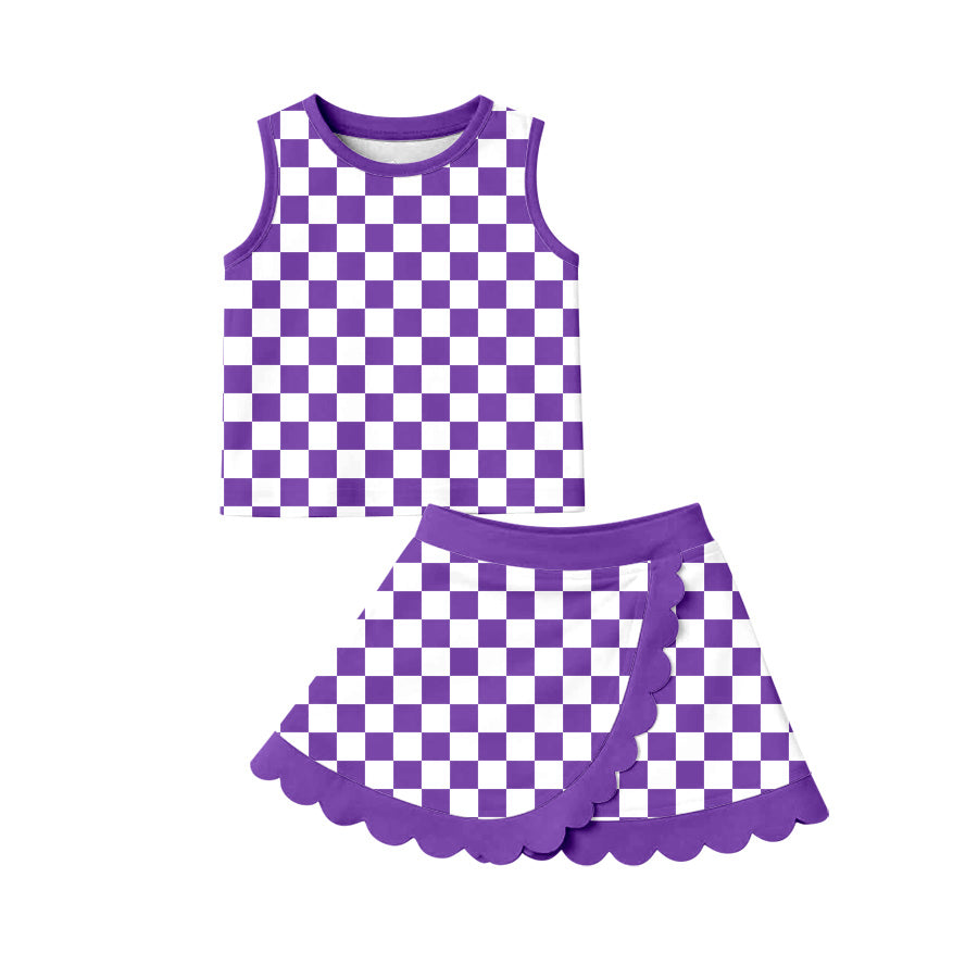 (Pre Order) No moq GSD4251 Baby Girls Purple Check Scallop Edge Vest Skort Active Outfit