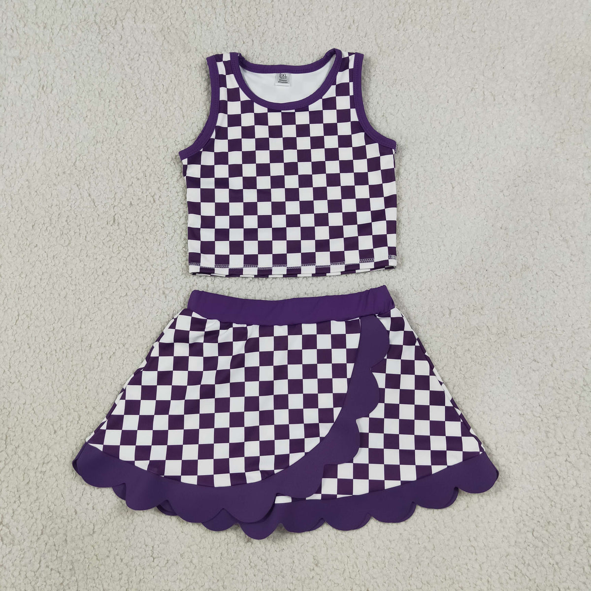 RTS NO MOQ Sibling yoga fabric Baby Girls Checked Vest Scallop Skirt Short Yoga Active Clothes Set